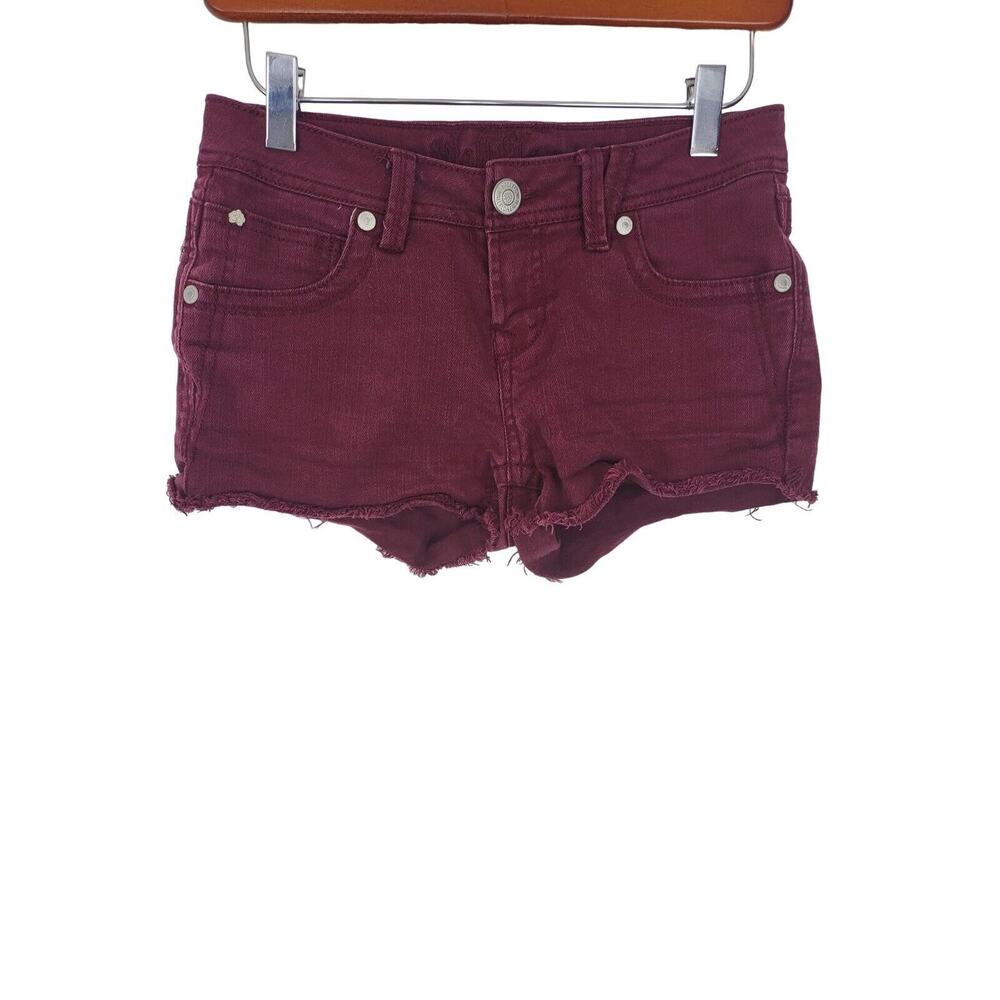 Wallflower Denim Shorts 5 Womens Juniors Burgundy Mid‎ Rise Raw Hem Bottoms